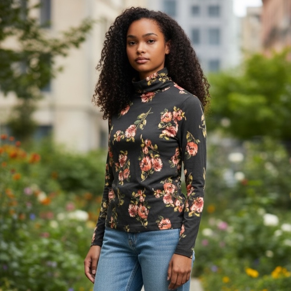 LOFT Black Floral Long Sleeve Turtleneck Top